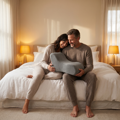 Sweet Spot — pareja en dormitorio sosteniendo el cojín ergonómico, variación 1